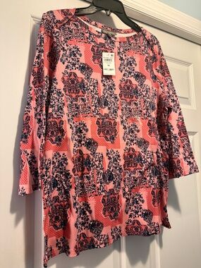 Coral & Navy Floral Patchwork Women's Top 3/4 Slv Size 1X NWT